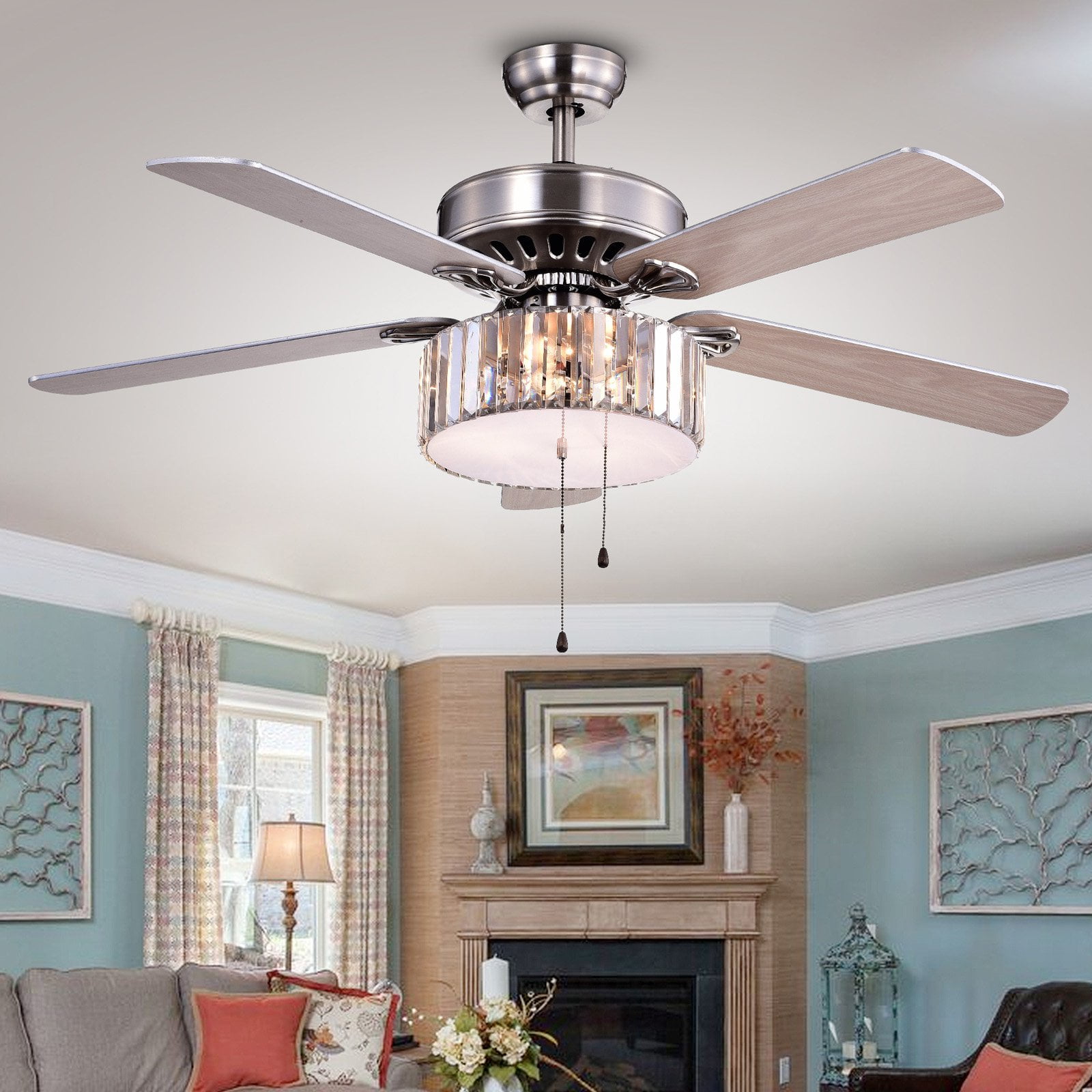 Kimalex 52-inch 3-light 5-blade Lighted Ceiling Fan with Wood Nickel Crystal Shade (Optional Remote)