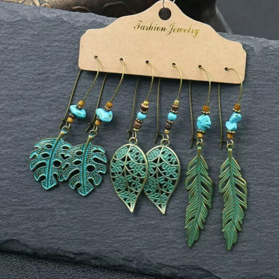 GKNET Boho Gypsy Earrings Set Womens Ethnic Long Tassel Ear Hook Drop Dangle Jewellery-15-3Pairs Leaf Feather