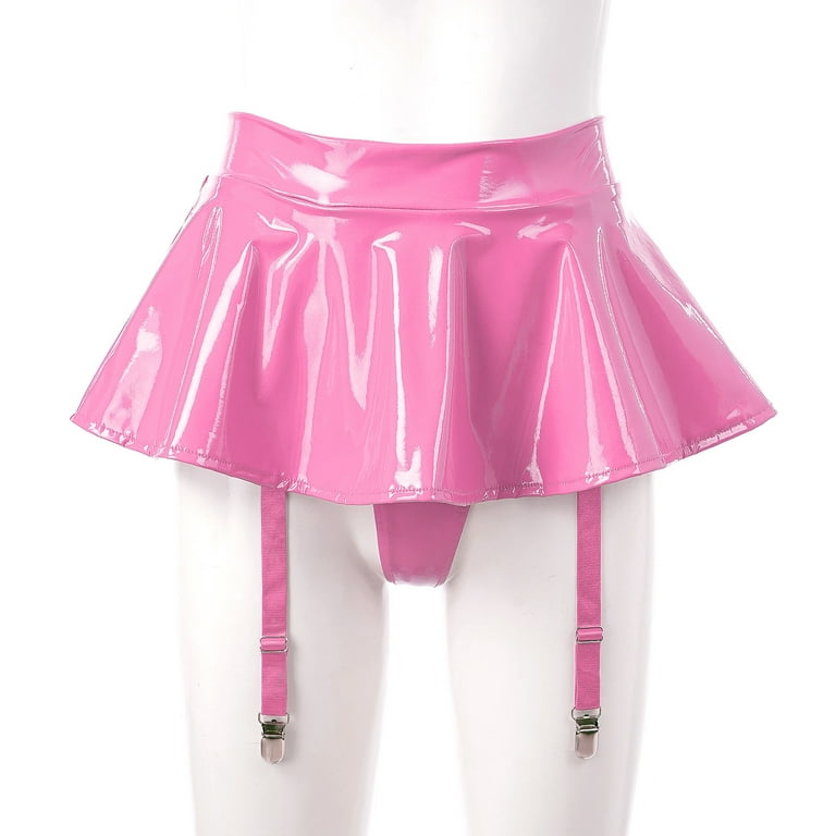 YONGHS Women s Patent Leather Skirt Built in Thongs Garter Belts Metal Clips Miniskirt Clubwear Hot Pink 4XL