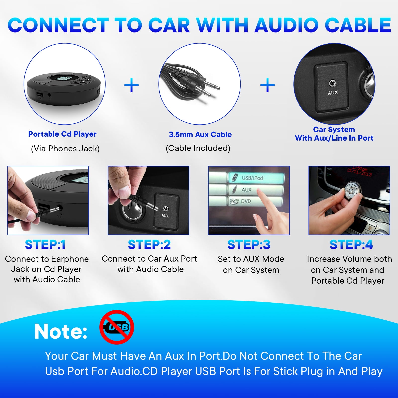 KUEPHOM Portable CD Player Bluetooth,Rechargeable Walkman CD Player with Speakers and Headphones,Small CD Player for Car plug in with anti-skip protection,CD/USB/BT playable,bluetooth transmitting