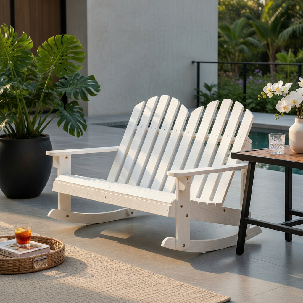 Hommoo 2-Person Fir Wood Adirondack Rocking Chair for Outdoor Backyard, Poolside & Patio, Weather-Resistant, Slatted Breathable Seat, White