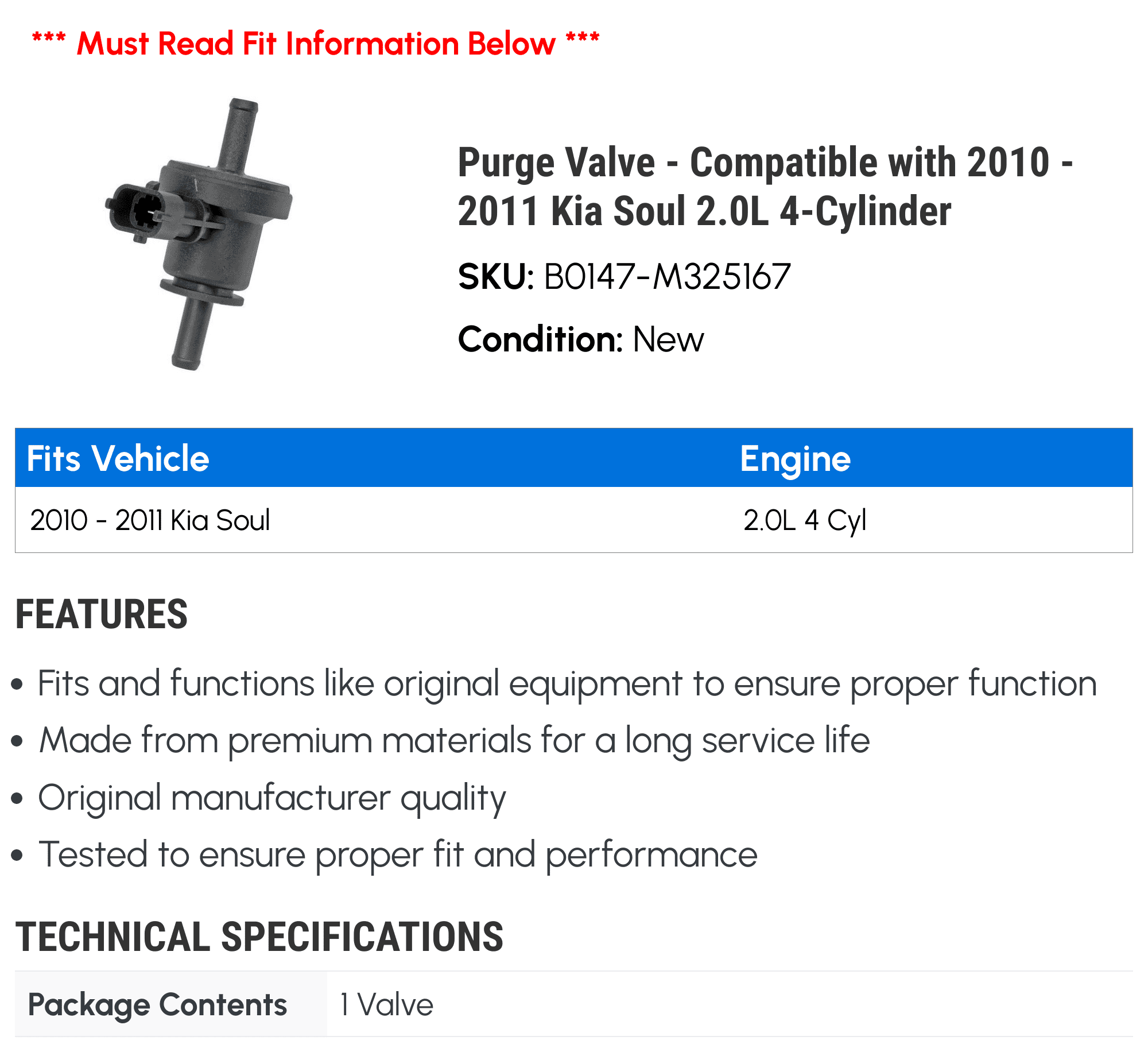 Purge Valve - Compatible with 2010 - 2011 Kia Soul 2.0L 4-Cylinder