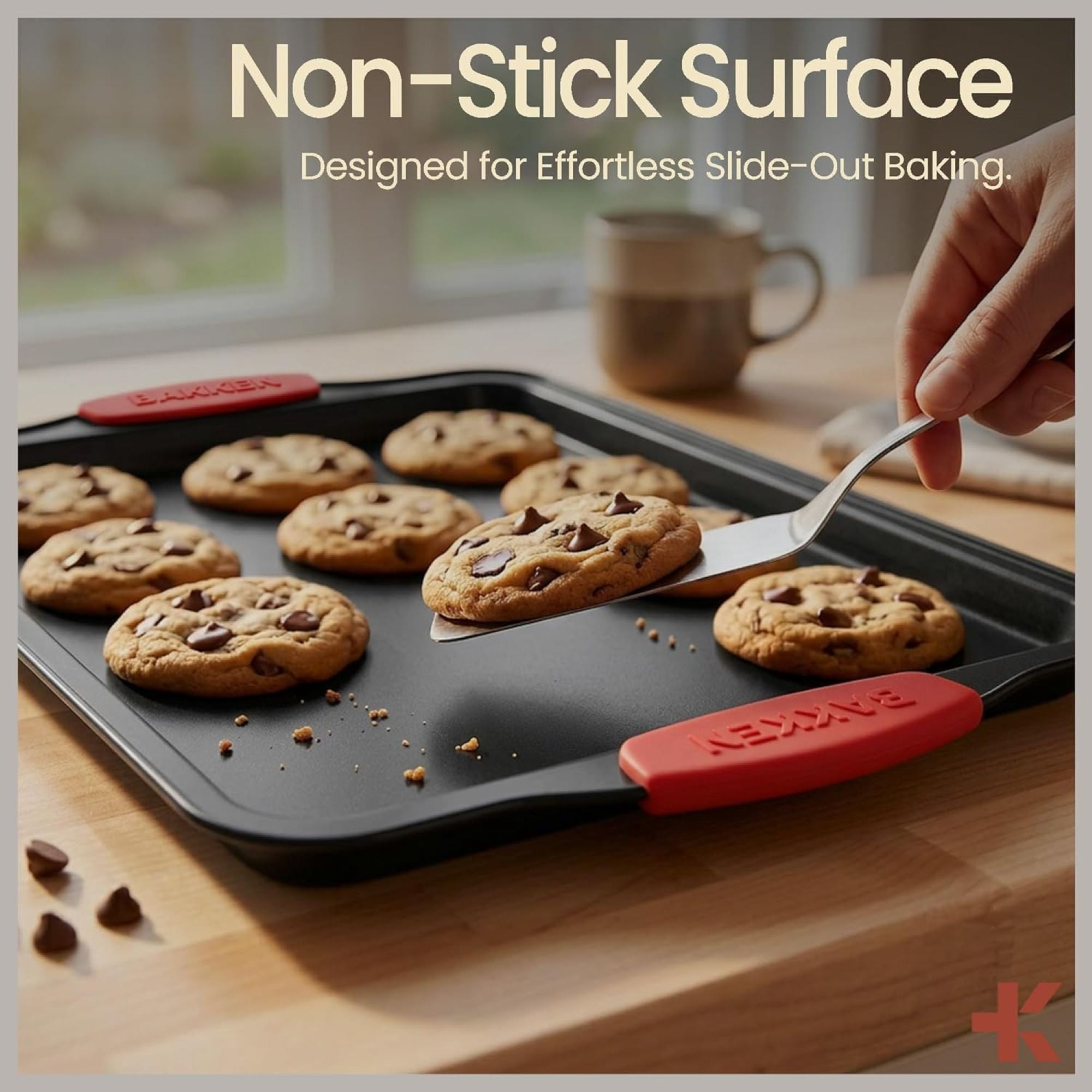 Bakken Swiss Kitchen Medium Nonstick Carbon Steel Baking Pan with Red Silicone Handles, Oven Safe up to 450°F