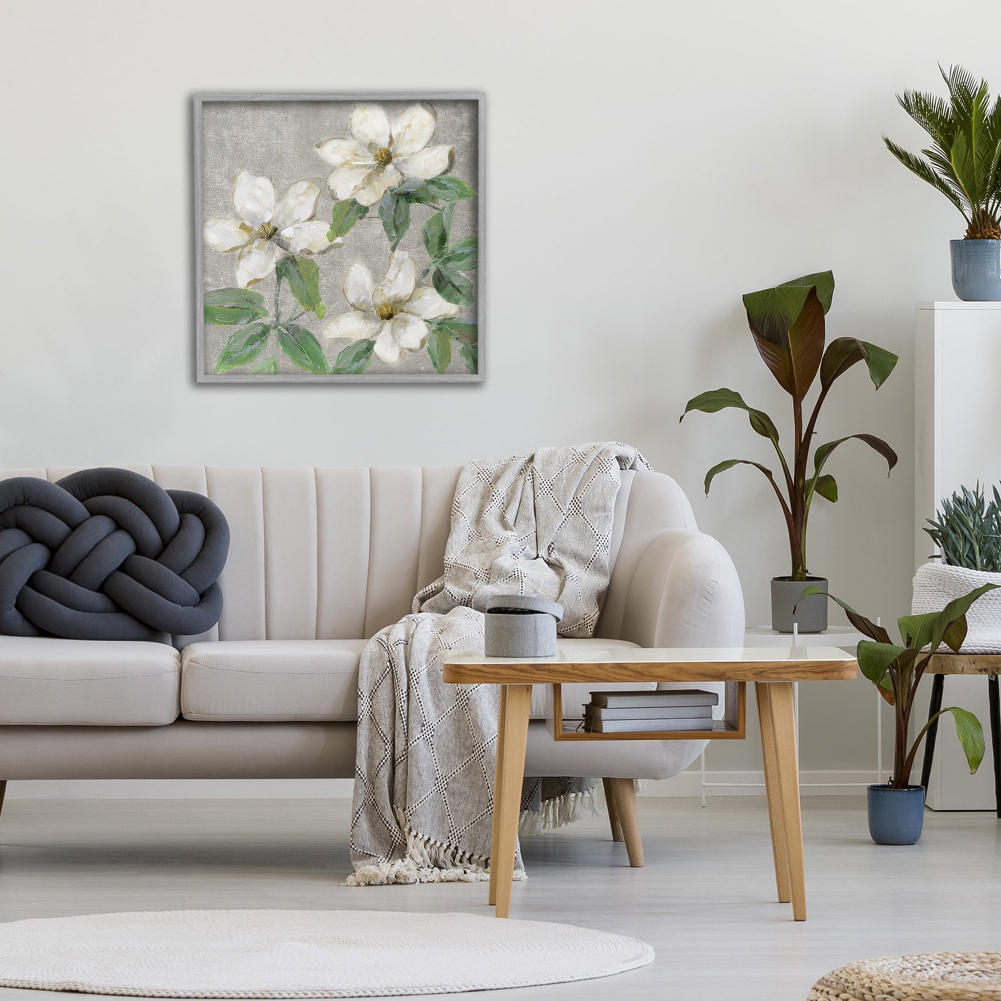 Stupell Industries Ivory Magnolia Trio Gray Framed Giclee Art, design by Sally Swatland