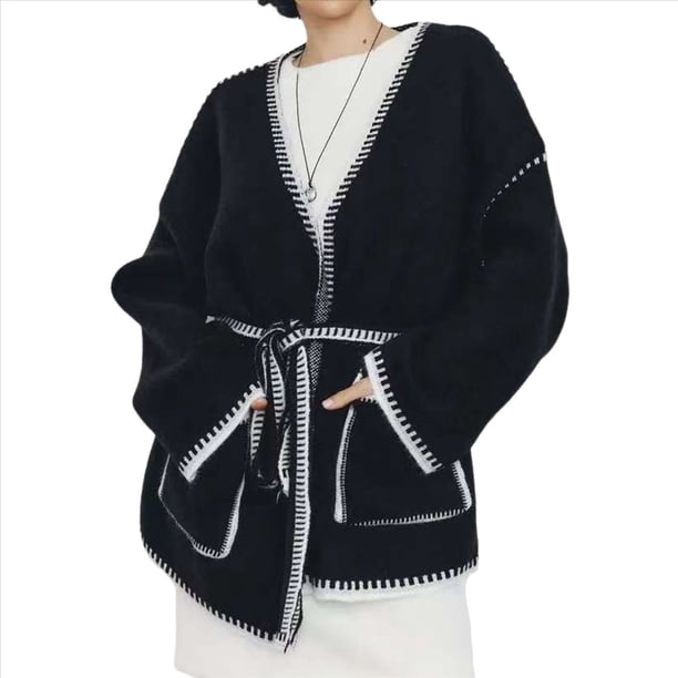 Cárdigan de Otoño-Invierno para Mujer, Moderno, Cálido, de Medio, con Colores Contrastantes, Informal, Talla Grande. Negro M