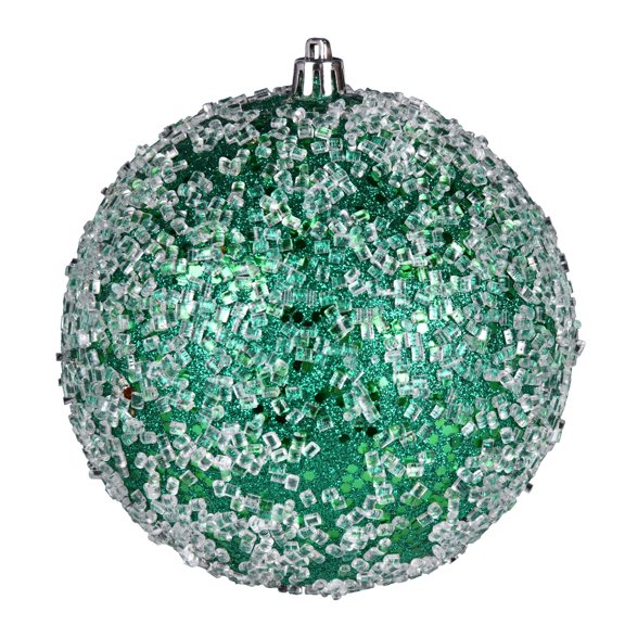 Vickerman 8" Seafoam Green Glitter Hail Ball Drilled Wired. This ornament features a drilled cap with looped wire to ensure that decorating is a breeze. This ornament is made with plastic to reduce th