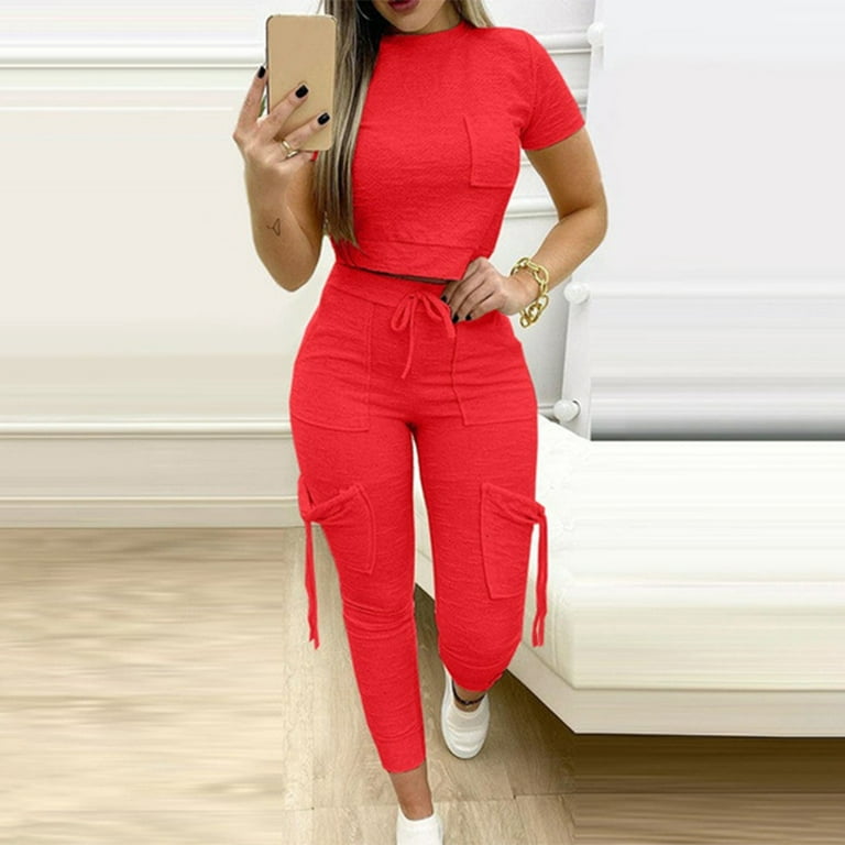 Dr.Eam Women Pant Suits Pantsuit 2 Piece Outfits Bodycon Tracksuit Sports Suit Short Sleeve Crop Top With Skinny Long Pants Loungewear Workout Sets Casual Summer Beach Tracksuits Walmart