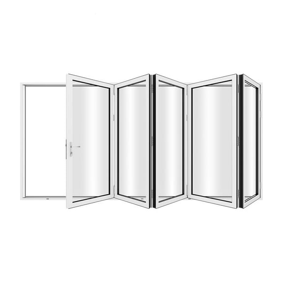 KaMic 144" x 96" 5 Panels Aluminum Folding Door In White, Folded Out From Left To Right