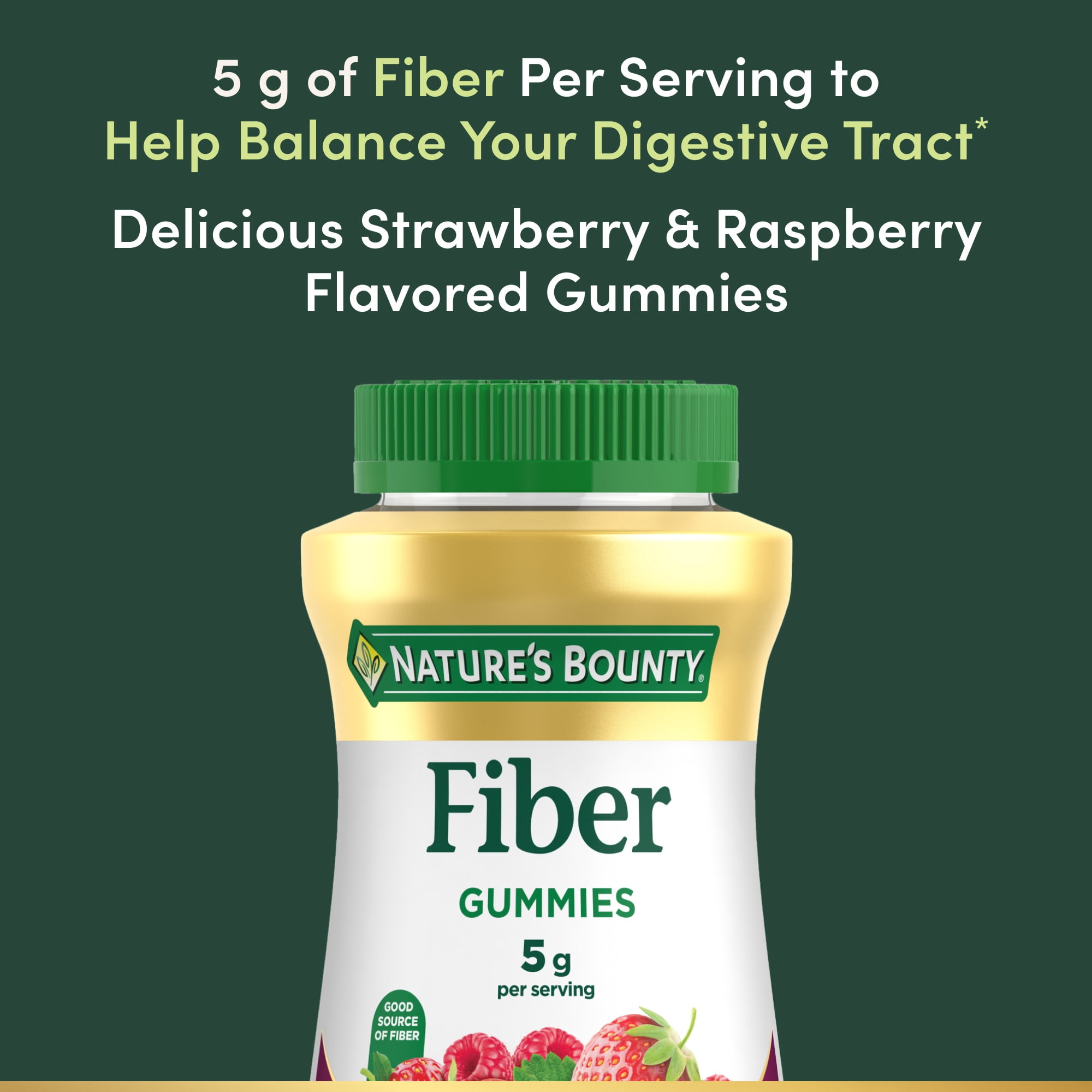 Nature's Bounty Fiber Gummies, 5g Prebiotic Fiber, Digestive Support, Fiber Blend, Strawberry & Raspberry Flavor, 90 Count