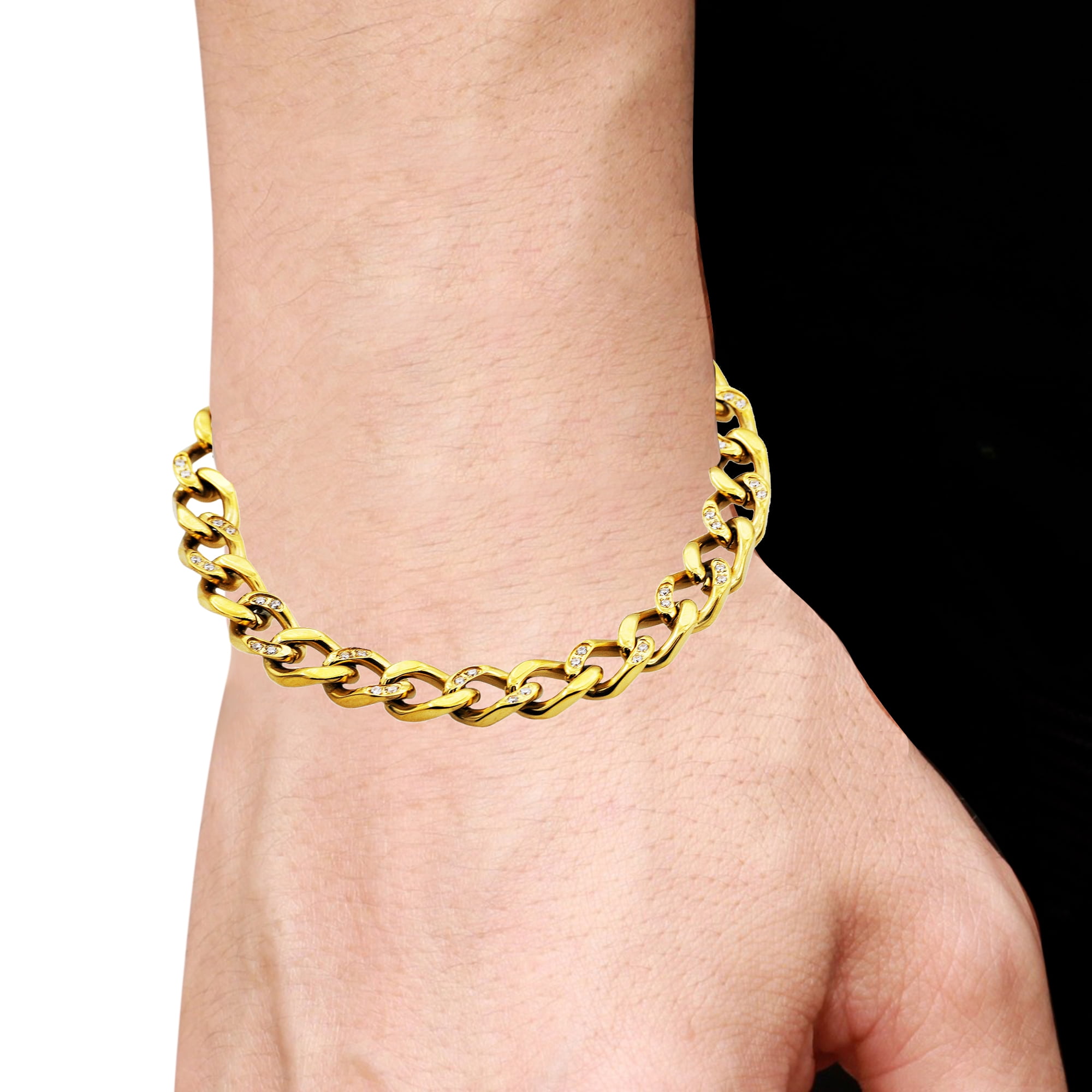 Arista Cubic Zirconia Diamonds Curb Link Chain Men's Bracelet in Gold Plated Stainless Steel, 8.5"