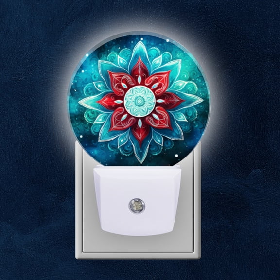 Round LED Night Lights Lamp with Dusk to Dawn Sensor, Red And Blue Floral MandalWith White Center Night Light Plug Into Wall for Kids Room, Bedroom, Bathroom, Kitchen, Hallway