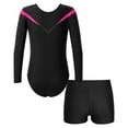 thumbnail image 2 of JanJean Kid Girls 2Pcs Shiny Dance Outfits Long Sleeve V-neck Gymnastics Leotard and Booty Shorts Set Hot Pink 10, 2 of 7