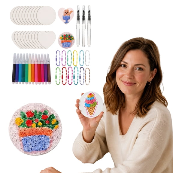 55 Pcs Magic Puffy Foam Painting Kit, 3D Textured Art Drawing Paper Craft Set with 12 Color Markers, Ball Chains for DIY Keychains Art Projects