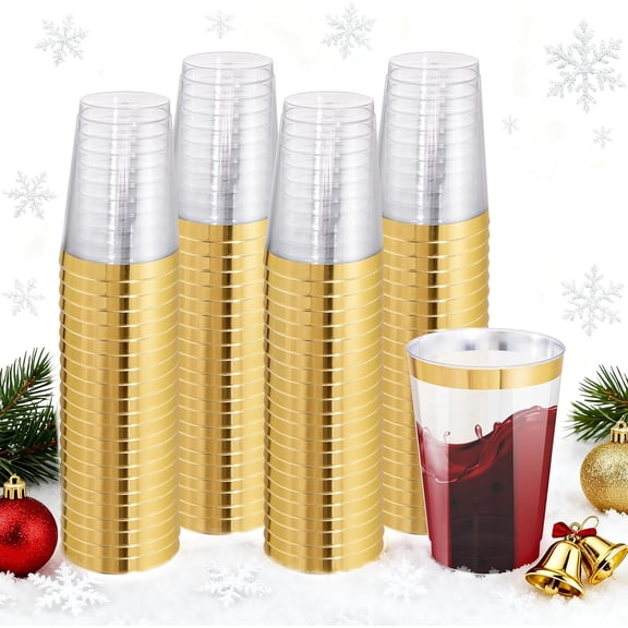 100 Pack 12 oz Gold Plastic Cups, Gold Rimmed Disposable Cups, Disposable Wine Glasses Cocktail Glasses Premium Cup with Golden Rim, 12 Ounce Plastic Tumblers for Party & Wedding
