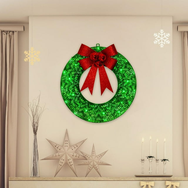 Couronne de Noël Décoration Murale Rustique Couronne LED pour Balcon Porche Maison Vert 40cm