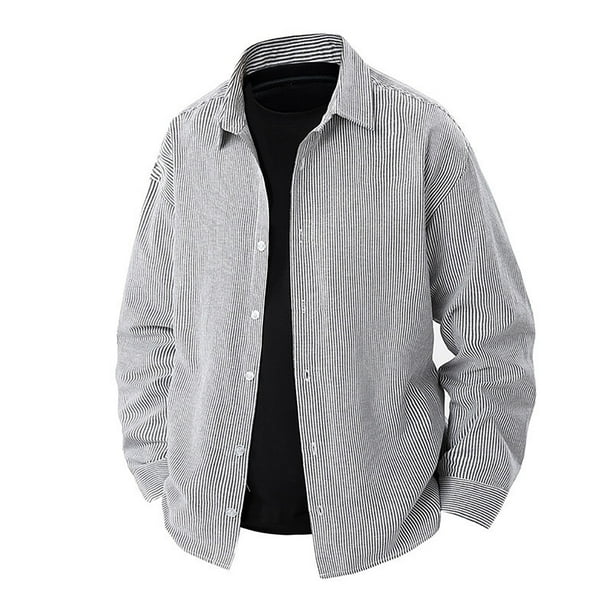 pstuiky Camisas de manga larga de invierno para hombre, Camisa informal de manga larga con solapa y botones a rayas para hombre. Tops casuales para hombres m