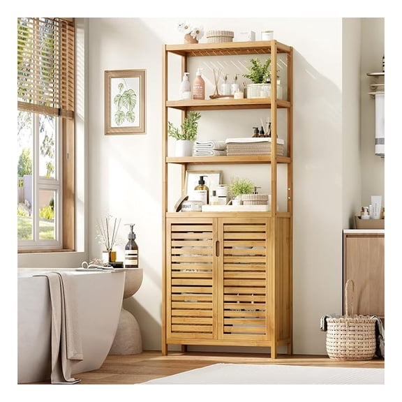 Tall Bathroom Storage Cabinet, 66" Bamboo Narrow Bathroom Floor Cabinet with 2 Door & 4-Tier Open Shelves, Corner Tall Cabinets Freestanding Organizer Unit for Bath, Living Room, Entryway,Nature