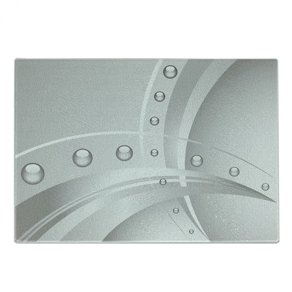Abstract Cutting Board, Surreal Composition Lines Curves and Vivid Bubble Like Balls Print, Decorative Tempered Glass Cutting and Serving Board, Small Size, Dimgray Grey White, by Ambesonne