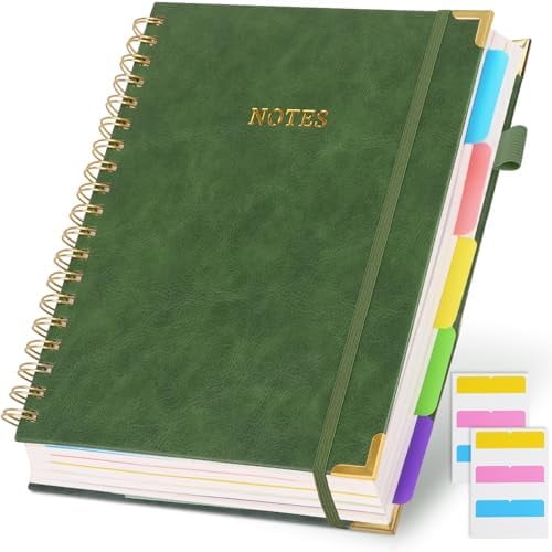 Quivanta 5 Subject Notebook College Ruled with Movable Tab Dividers, 300 Pages 8"x10"/B5 Leather Hardcover Spiral Notebook, 100GSM Thick Journal Notebooks for Work, School, Green