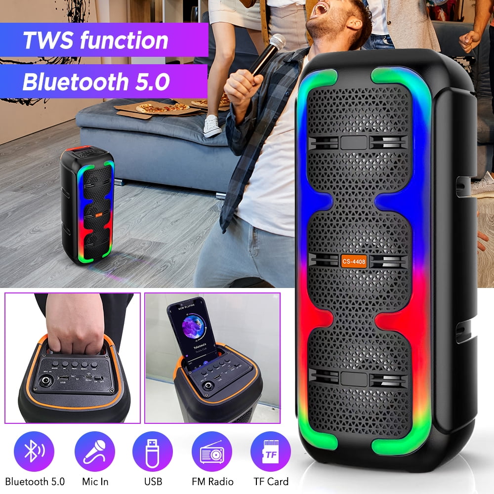 Portable Bluetooth Party Speaker, handheld Dual 4‘’ Speakers Party Stereo Subwoofer RGB Lights Karaoke Heavy Bass with Mic (Optional) for TWS/U Disk/TF