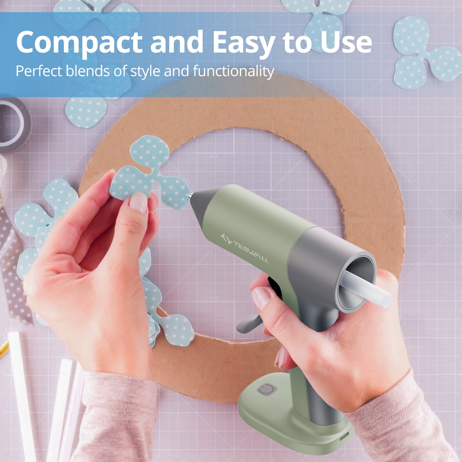 Tilswall Cordless Hot Glue Gun, High Temperature, 30s Fast Preheating Anti-drip Glue Gun, 2Ah USB-C Rechargeable, with 20 Pcs Mini Glue Sticks Set for DIY Craft, Home Decor, Green