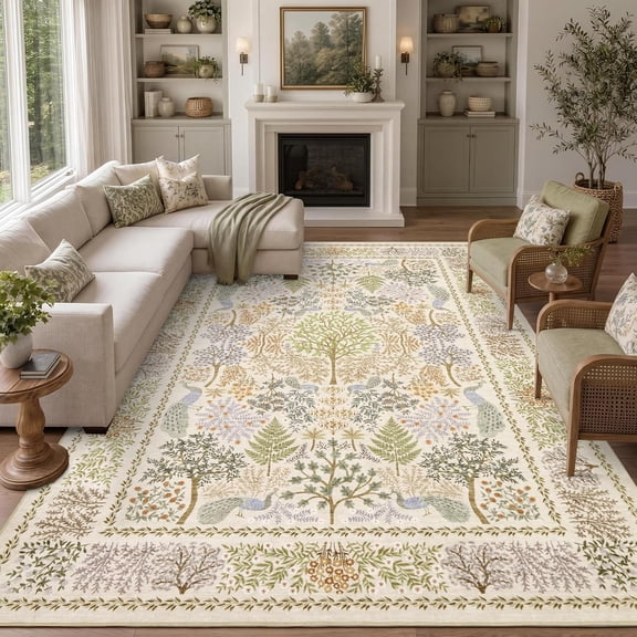 9x12 Vintage Forest Animal Print Area Rug, Machine Washable Non Slip Low Pile, Living Room Bedroom, Beige