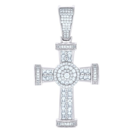 925 Sterling Silver Mens Baguette Round Cubic-Zirconia Cross Religious Charm Pendant