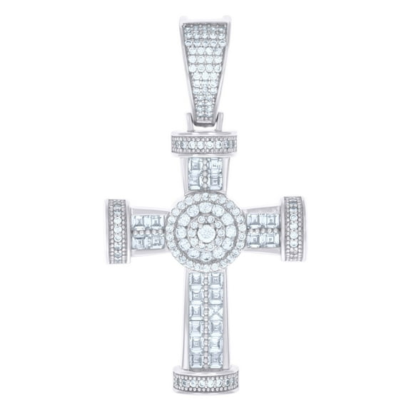 925 Sterling Silver Mens Baguette Round Cubic-Zirconia Cross Religious Charm Pendant