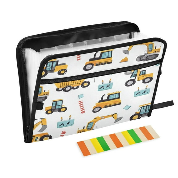 Accordion File Organizer with Zip Closure 13 Pockets Expanding File Folder Letter A4 Paper Document Organizer for Home Office Construction Trucks and Excavators