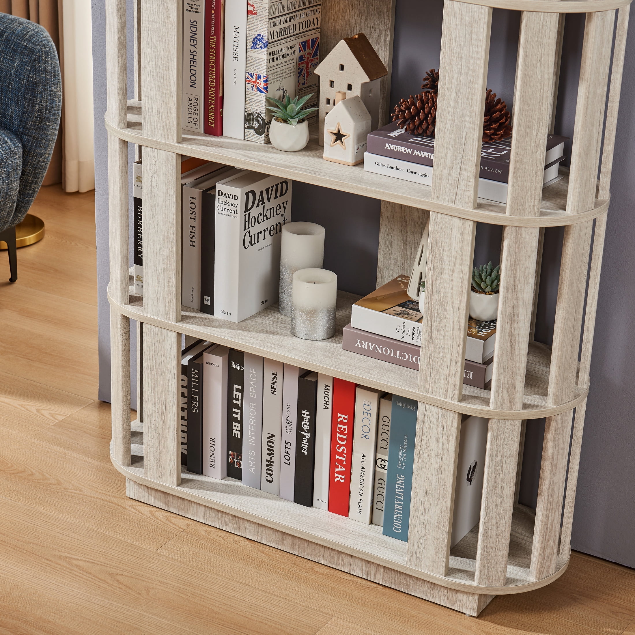 GDF Studio Lexair 5-Tier Wooden Oval Open Bookshelf with Curved Grid Frame, Storage Display Bookcase Rack, Light Gray