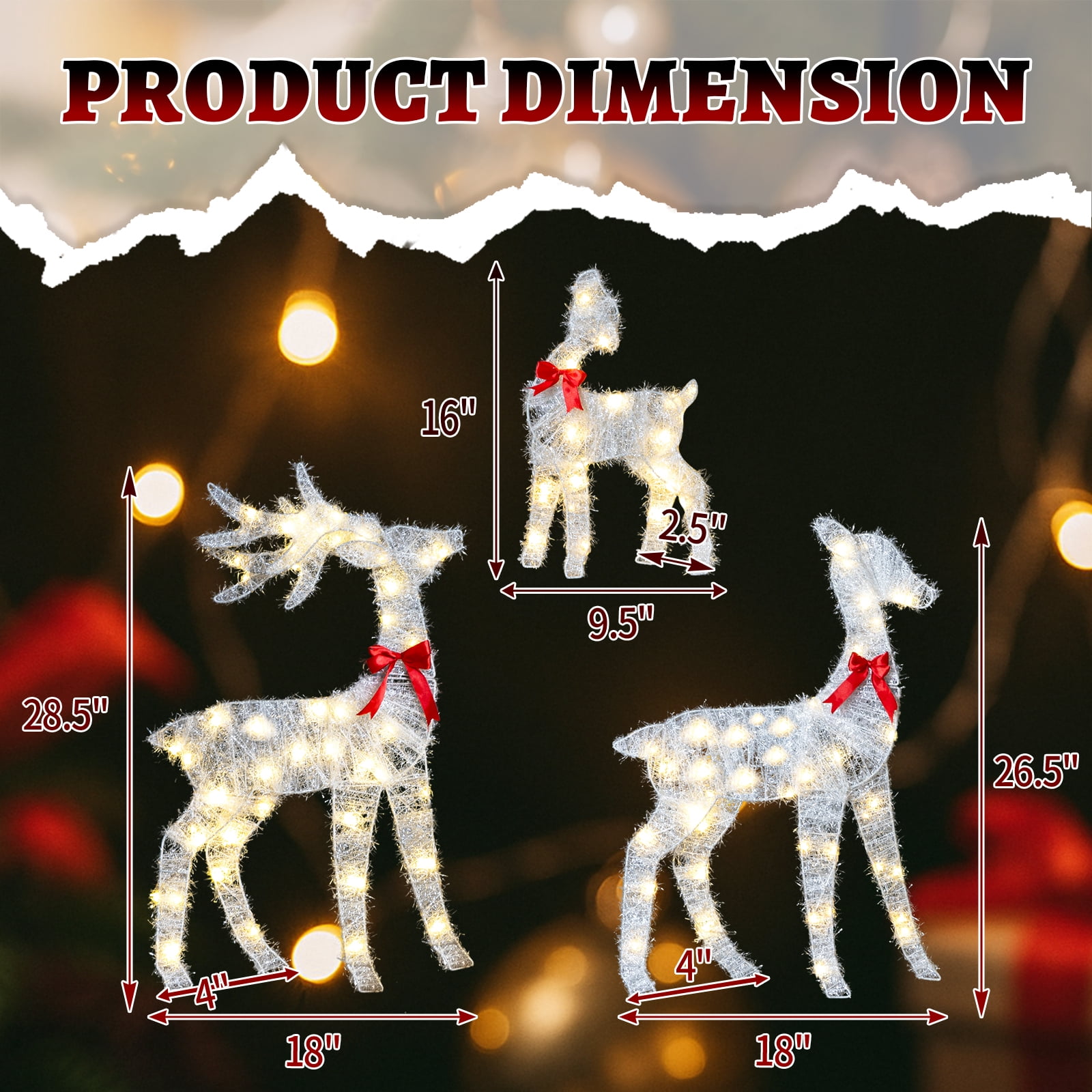 Astoutdoor 3-Piece Lighted Tinsel Christmas Reindeer Family Set, Pre-Lit 110 LED Warm White Lights, White, 2.4 ft