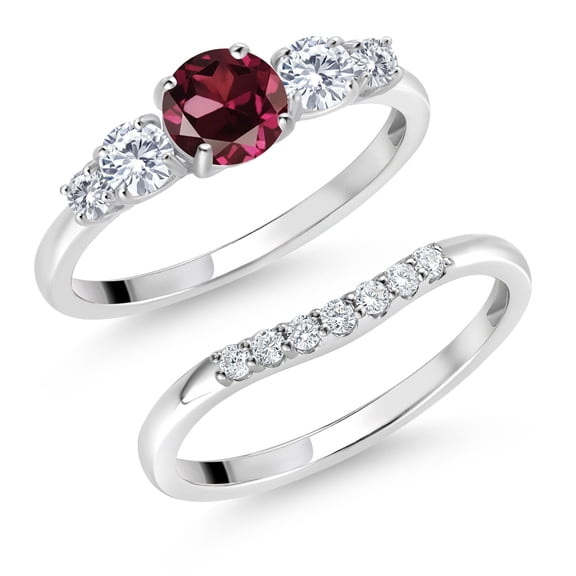 Gem Stone King 10K White Gold Red Rhodolite Garnet and White Lab Grown Diamond 5 Stone Bridal Engagement Wedding Ring Set for Women (0.91 Cttw, Round: 5MM and 3MM, Size 9)