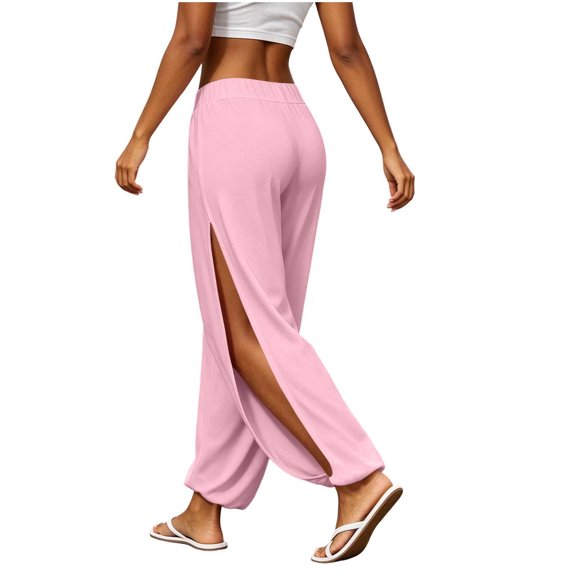 Qgtaibl Womens Loose Fit Pants High Side Split Elastic Waist Harem Jogger Pants Lightweight Breathable Lounge Trousers for Beach Vacation Pink XL