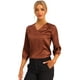 thumbnail image 1 of Blusa de satén para mujer Camisas informales sólidas con cuello en V de manga 3/4 Marrón S, 1 of 6