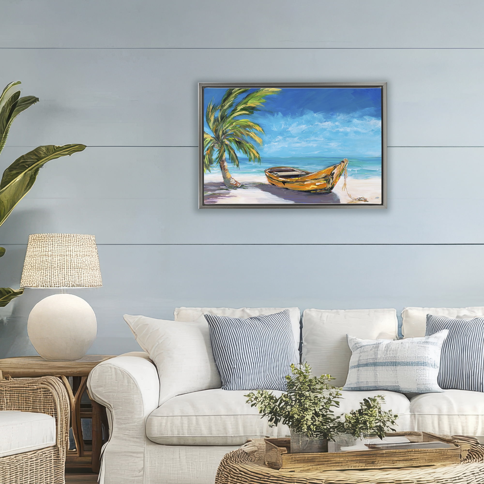Stupell Industries Lost Island Palm & Boat Gray Framed Floater Canvas Wall Art, design by Julie DeRice