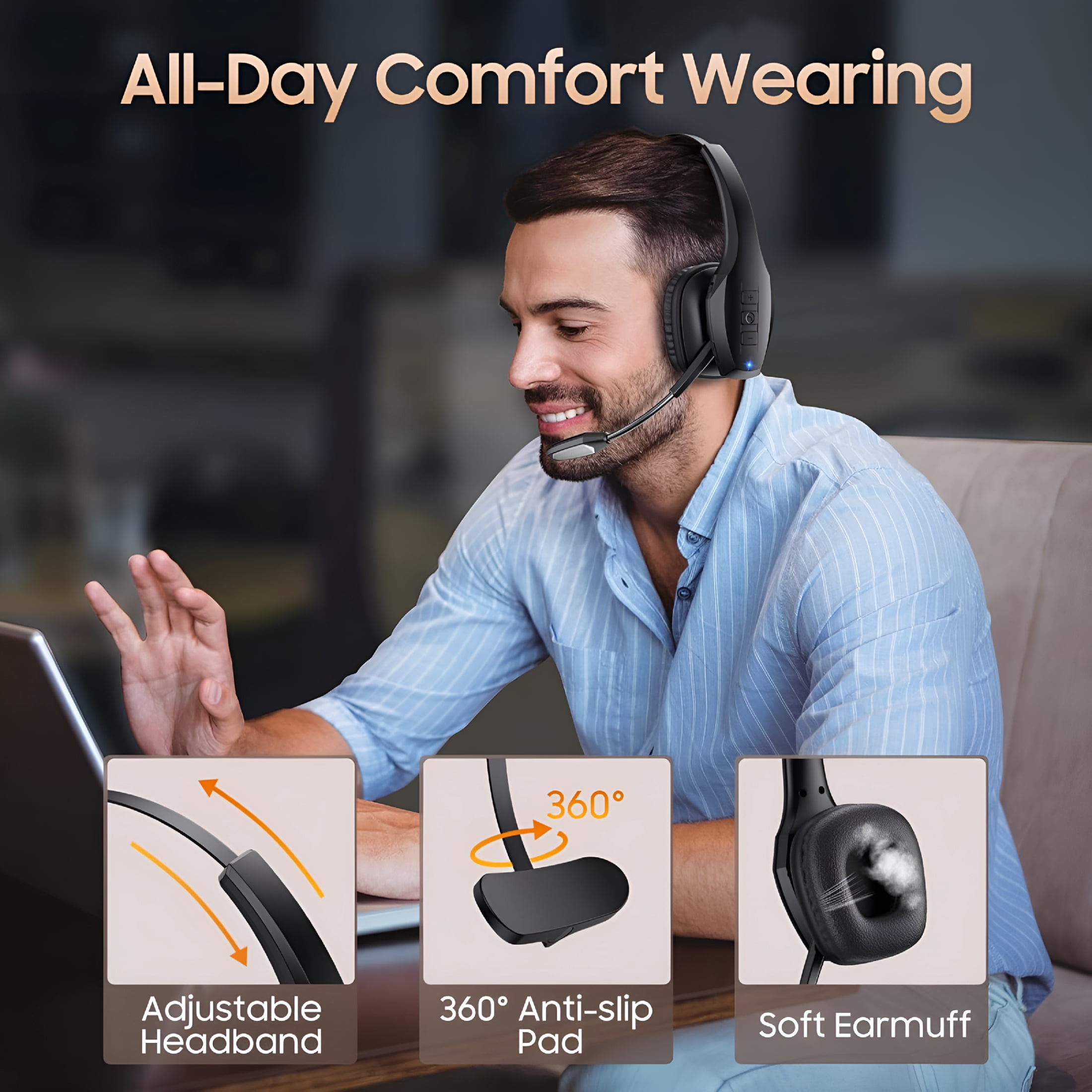 GJX Bluetooth Headset,Wireless Headset with Mic,Bluetooth Headsets with Dual Noise Cancelling Microphone & Mute Button,55Hrs Working Time PC Headsets for Cell Phones,Computer