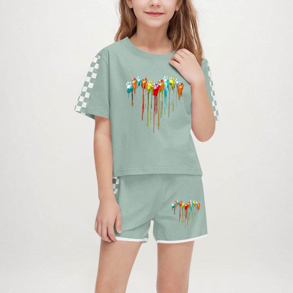 ITSAME Girls Outfit Sets, Crewneck Short Sleeve Print T-Shirt and Elastic Waist Shorts 2-Piece Loose Fit Summer Casual Fashion Sets Army Green 7T