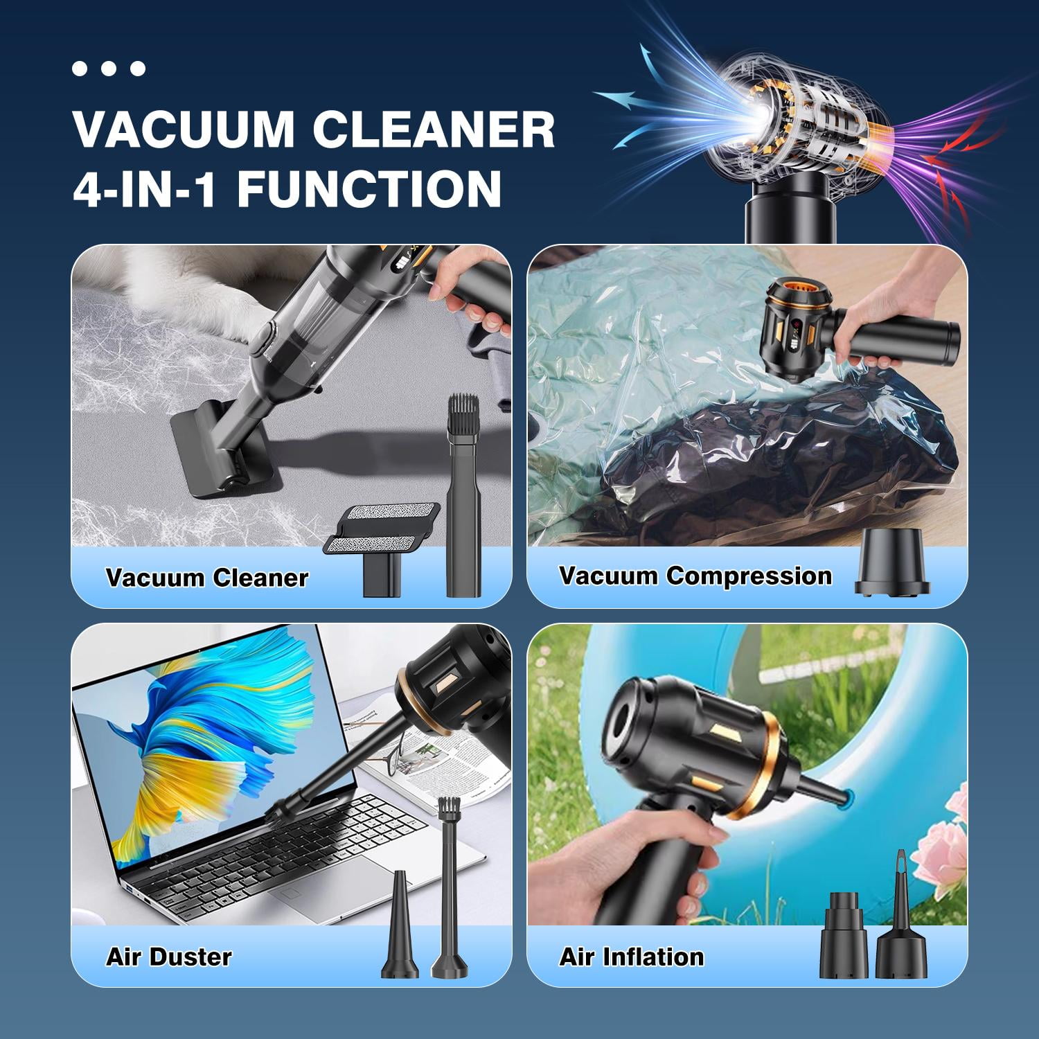 Canvcle Car Vacuum Cleaner, 4 in 1 Vacuum Cleaner & Air Duster, 16000Pa Brushless Motor Handheld Vacuum Cordless with 2000mAh Battery, LED Light, Multi-Nozzles for Car, Home, Office, Keyboards