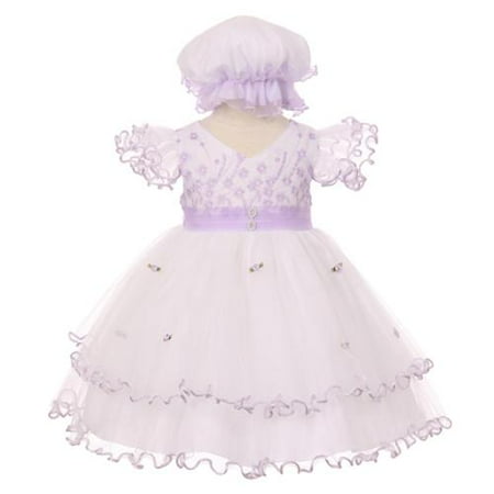 - Baby Girls Lilac Floral Embroidery Jewel Ruffle Bonnet Flower Girl Dress 6M