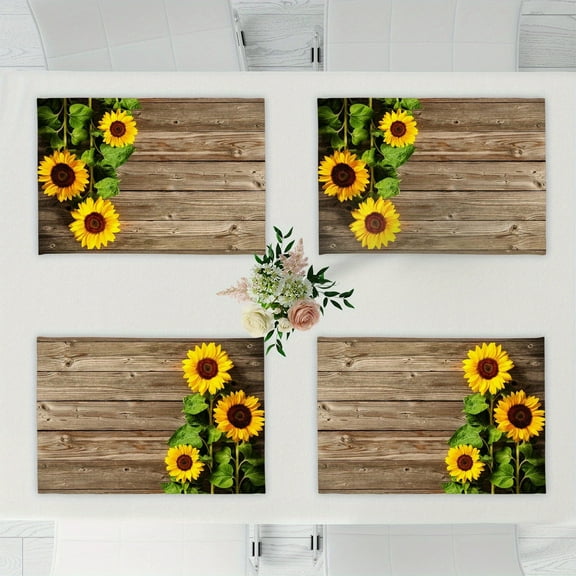 4pcs Sunflower Pattern Linen Placemats, Table Mats Durable Washable Rustic Linen Vintage Placemats for Home Dinner Party Camping Wedding Table Decoration 12 x 18 Inch