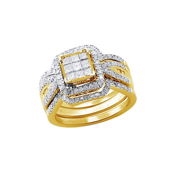 AFFY White Natural Diamond Bridal Set Ring In 10k Yellow Gold (1 Cttw)