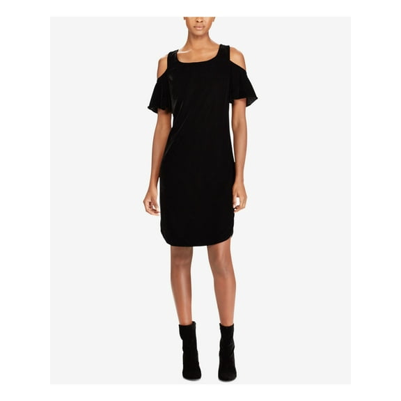 RALPH LAUREN Womens Black Cold Shoulder Velvet Short Sleeve Scoop Neck Above The Knee Cocktail Shift Tunic Dress 8