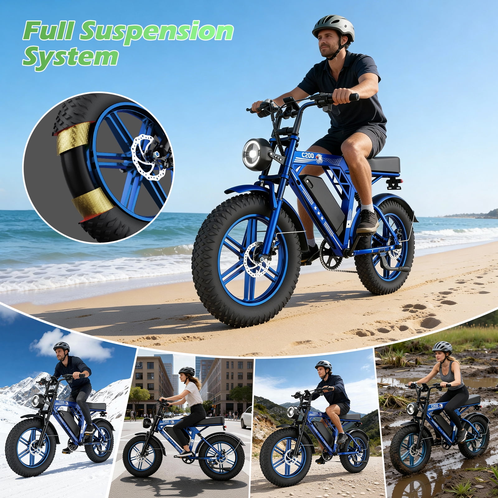 EggKing C200 1000W Electric Bike for Adults, 20" Fat Tire E-Mountain Bikes, 48V 17.5Ah 31MPH Electric Bicycle, Full Suspension UL2849
