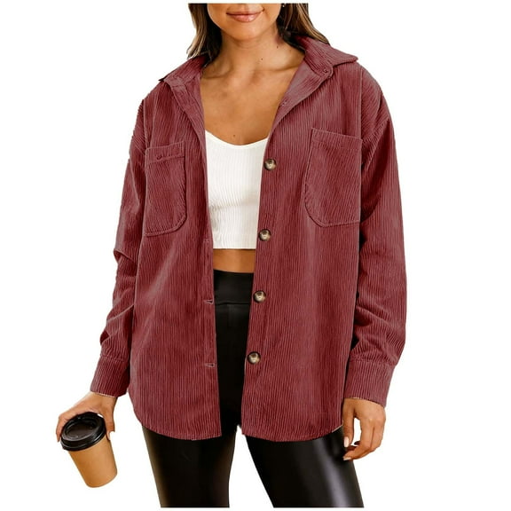 Women’s Hooded Corduroy Shacket Long Sleeve Button Down Boyfriend Style Jacket Loose Fit Fall Casual Outerwear with Pockets Plus Size Available,Wine,S