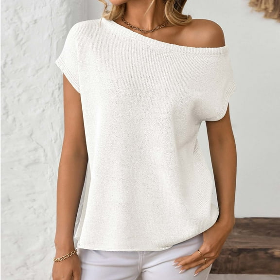 Zedker Womens Off One Shoulder Sweater Short Sleeve Casual Loose Knit Trendy Tops,Plus Size White L