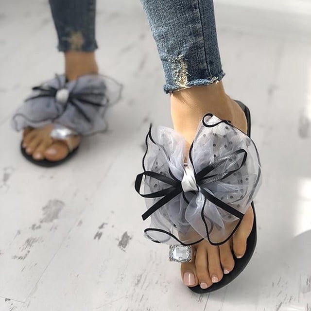 Sandalias de verano para mujer, sandalias planas de gran tamaño con lazo de seda y diamantes de imitación para mujer Wmkox8yii nm1585
