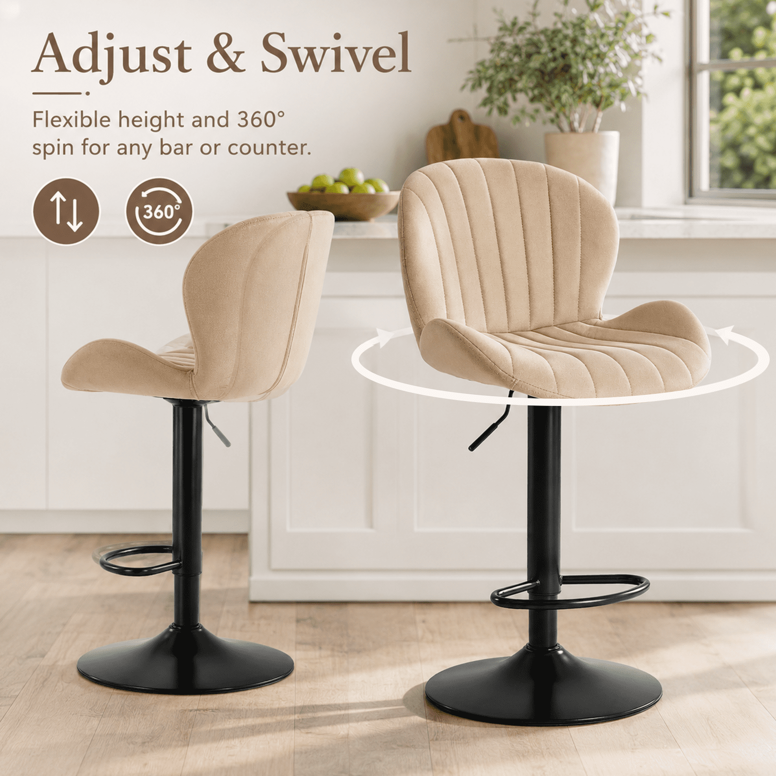 Alvantor Bar Stools Set of 2, Adjustable Swivel Barstools, Fabric Upholstered Barstools Counter Height with Backrest for Bar and Kitchen Island
