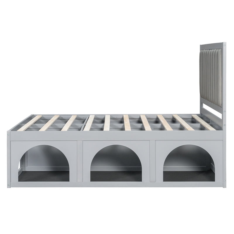 Full Size Pet-Friendly Platform Bed with Under-Bed Pet Nooks, Heavy Duty Wooden Storage Bed Frame with Padded Headboard