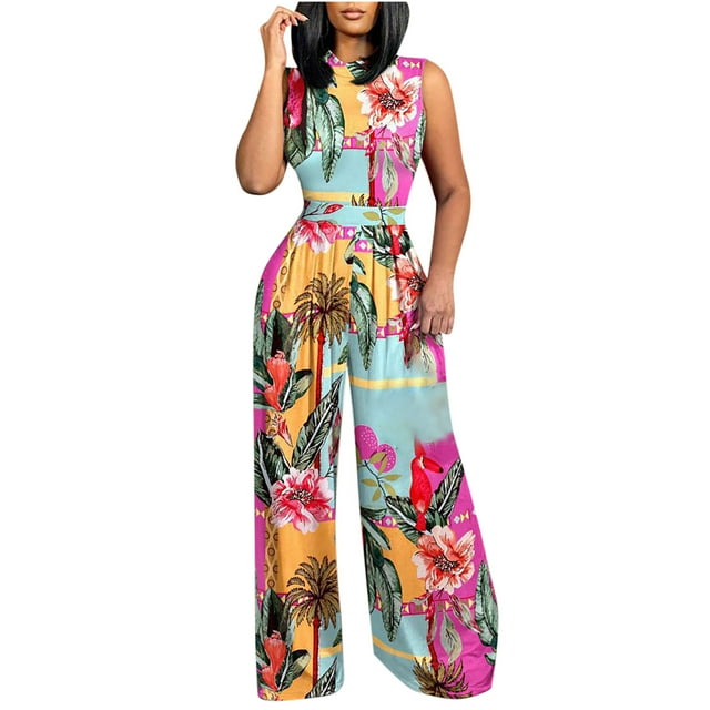 Birdeem Combinaison Imprimée pour Femmes Pyjama Décontracté Sans Manches Jambes Larges Pantalon Long