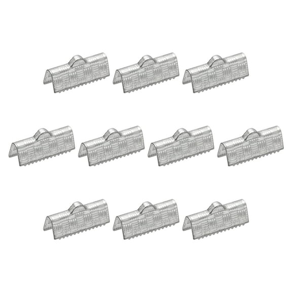 60Pack Ribbon End Crimp Clamps, 15mm Stripe Texture Stainless Steel Pinch Cord End Clasps, Silver Tone
